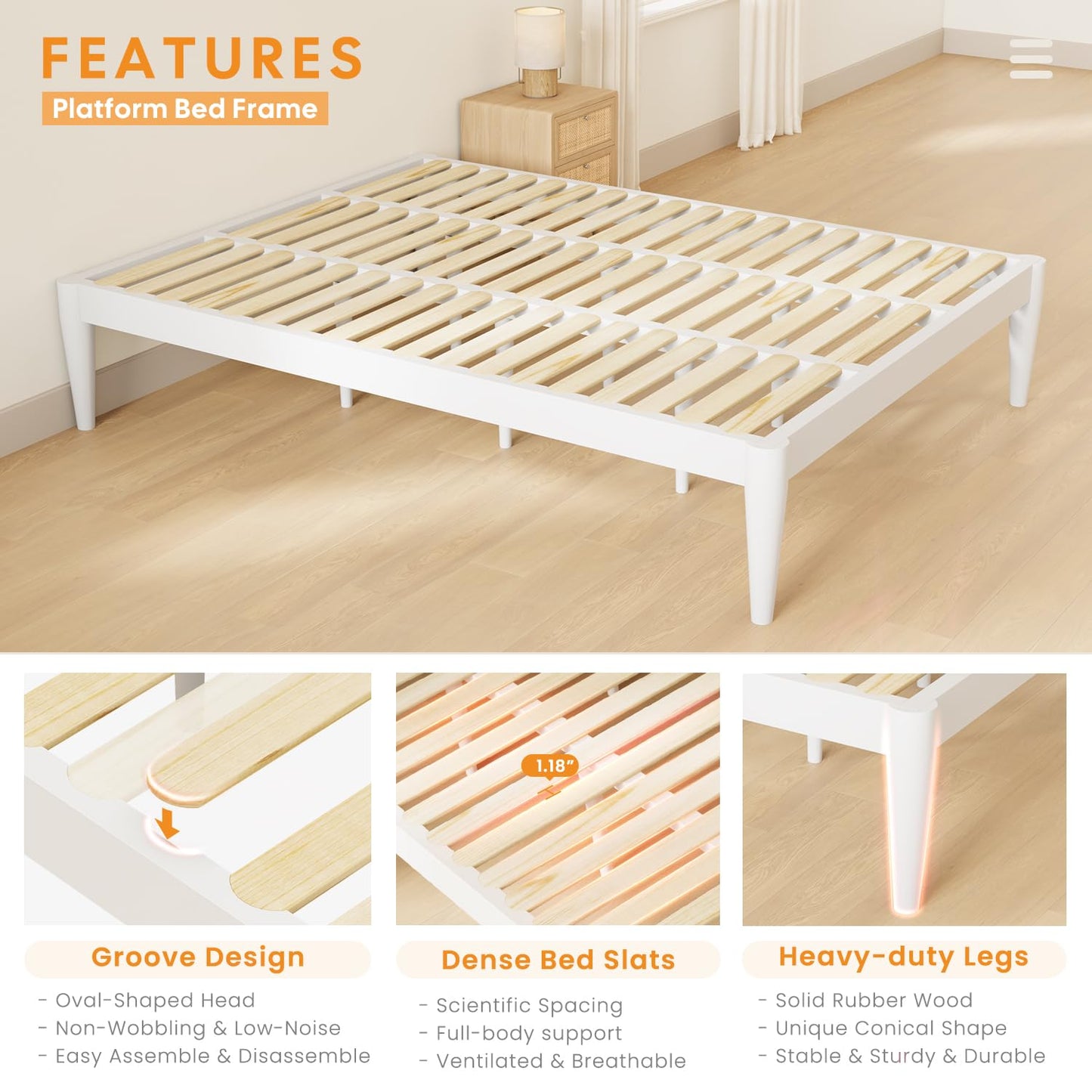 IOTXY California-King Platform Bed Frame - Solid Wood 16-Inch Height Mattress Foundation Base with Densely Slats and Heavy-Duty Support Legs, No Box Spring Needed, White