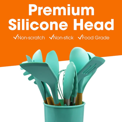 Cheer Collection 12-Piece Silicone Spatula Set with Wooden Handles, Non-Stick Cooking Utensils, Aqua Color