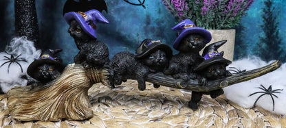 Ebros Gift Lifelike Witching Hour Halloween 5 Black Cats with Witch Hat Riding Long Magical Broomstick Figurine with Glass Eyes Witches Wicca Occult Feline Kittens Decor Figurine