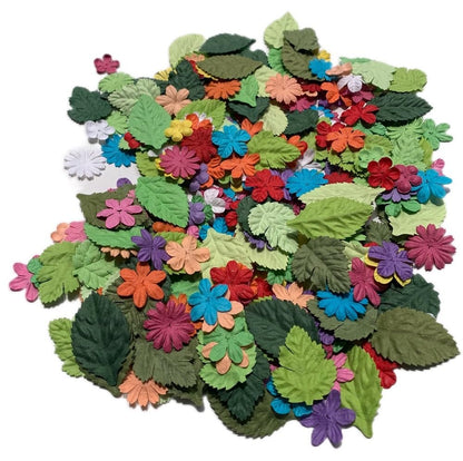 200 Pcs Handmade Mixed Mulberry Paper Flowers Petals and Leaves Scrapbooking Wedding DIY Craft Supplies Card (10 Colors Flowers/Green Tone Leaves)