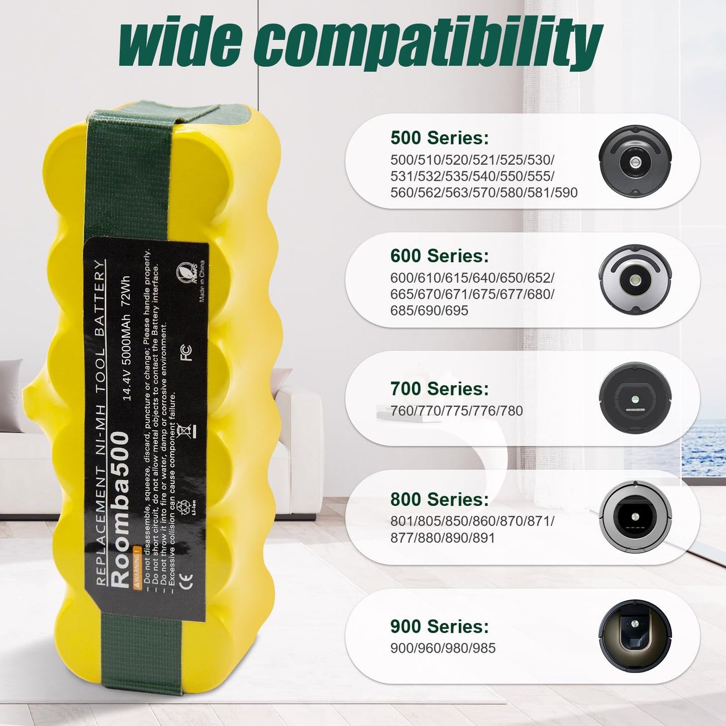 BATTOOL 5.0Ah 14.4V Ni-Mh Battery Compatible with iRobot Roomba Battery Replacement R3 500 600 700 800 900 Series 510 530 535 540 550 552 560 570 580 595 620 650 655 660 675 690 760 770 780 790 870