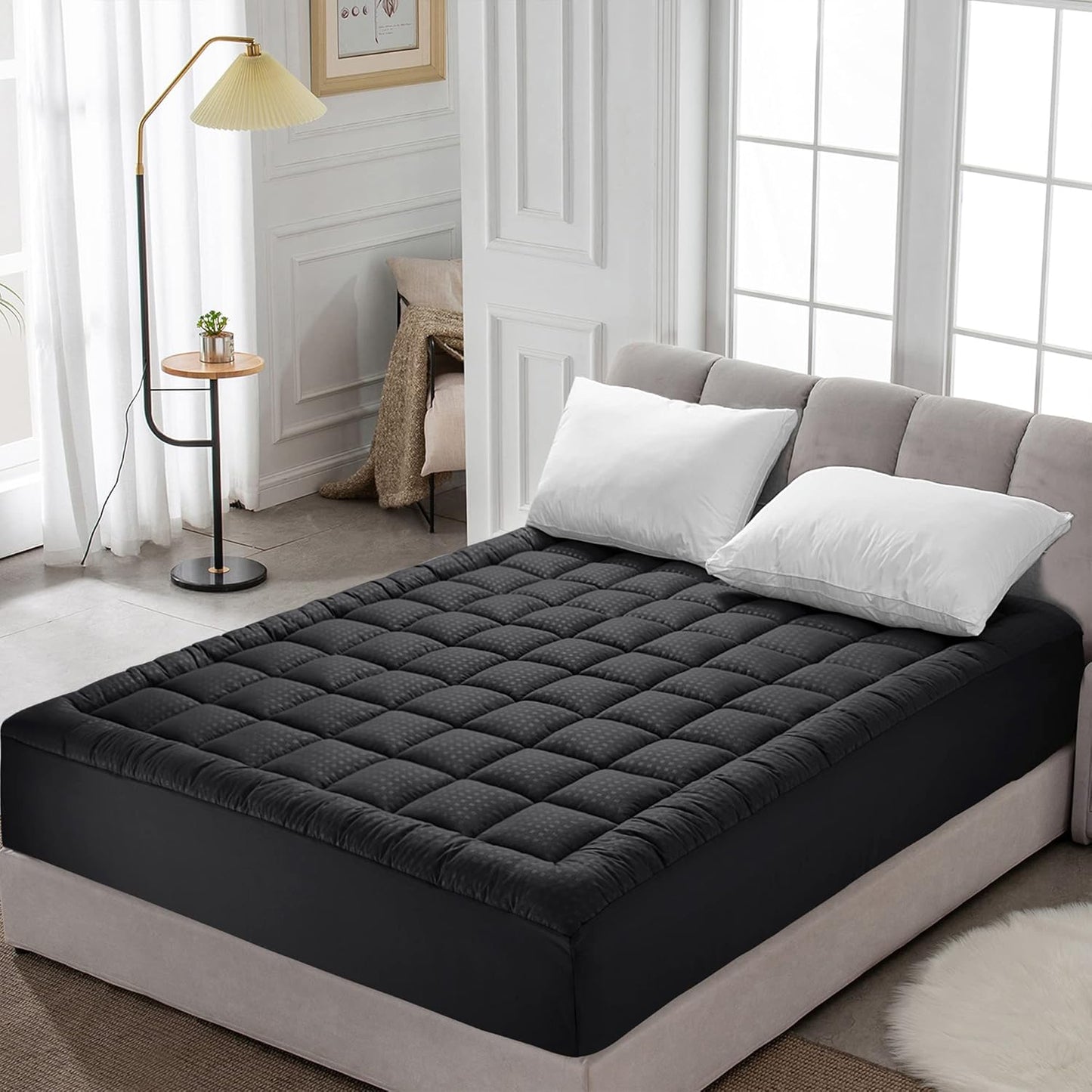 HYLEORY Quilted Queen Mattress Pad, Fitted Mattress Protector, Cooling Pillow Top Cover, Black, 8-21" Deep Pocket