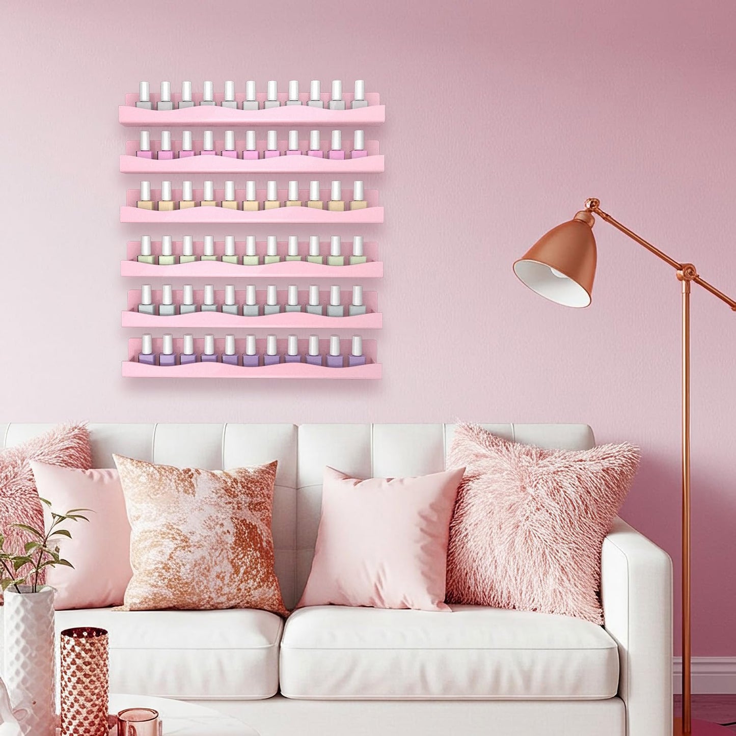 6 Pack Nail Polish Wall Mounted Shelf,15 Inch Nail Polish Floating Shelves for 66-90 Bottles Multi-Purpose,Ideal Gift, Great Display for Salons Retailers,Pink