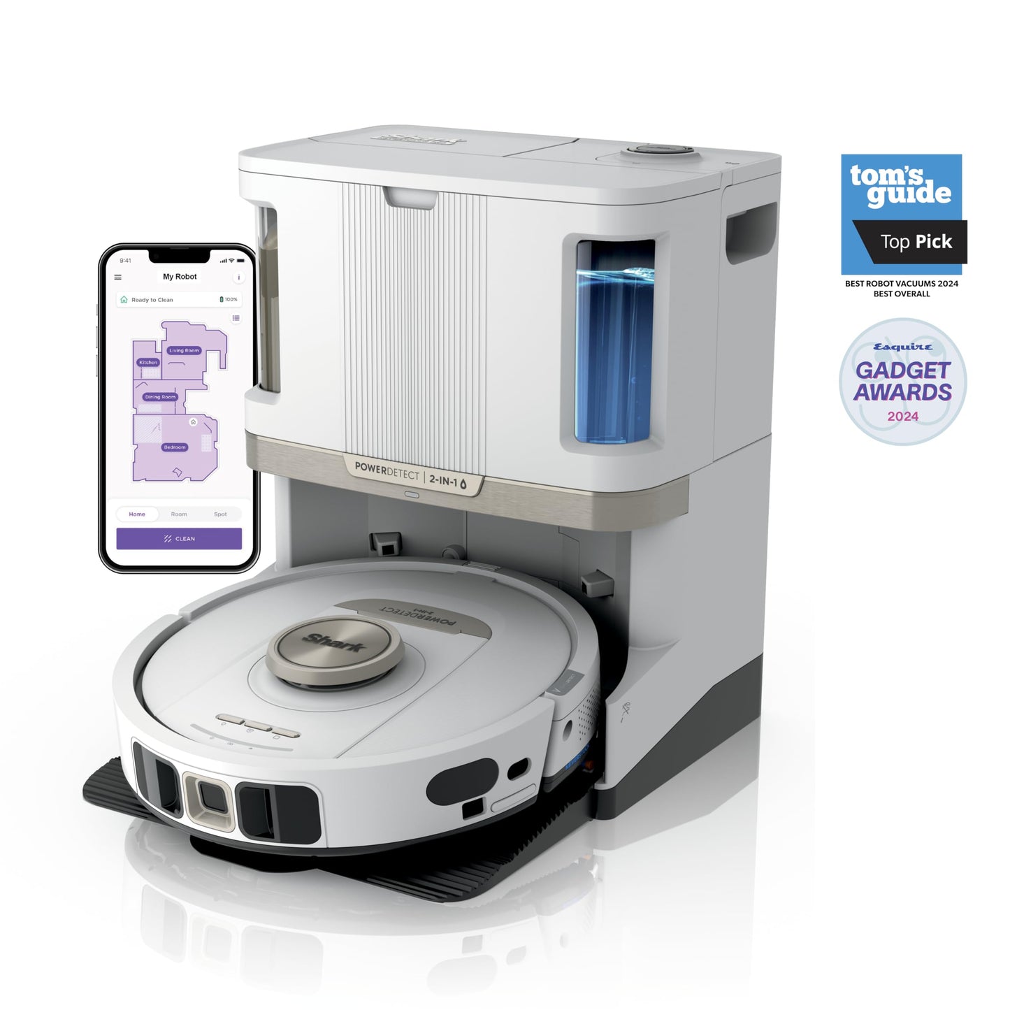 Shark Robot Vacuum & Mop Combo, PowerDetect NeverTouch Pro,Self-Emptying,Self-Refill with Self-Clean Pad Wash & Dry, 60-Day Debris Capacity,30-Day Refill Tank, 5PowerDetect Technologies,White,AV2800ZE