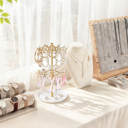 Mkono Bracelet Holder Gold Metal Rotating Bracelet Display Stand 2 Tier Jewelry Organizer with 24 Hooks and Wood Tray Adjustable Tree Stand Tower Rack for Storage Selling KeyChain Bangle Accessories