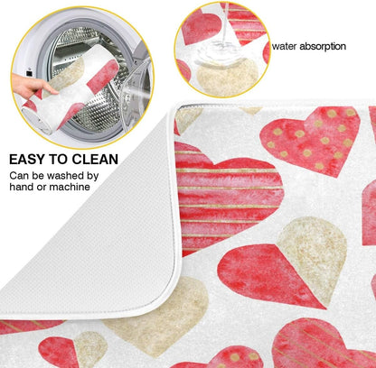 Red Gold Watercolor Hearts Love Dish Drying Mat 16x18 for Kitchen, Valentine's Day Love Flowers Dishes Pad Dish Drainer