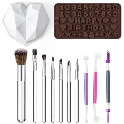 Reallnaive 12 Pieces Cake Baking Set Include Cookie Decorating Brushes Fondant and Gum Paste Tool, Diamond Heart Silicone Mold, Number Letter Chocolate Molds for Sugar Cookie Supplies