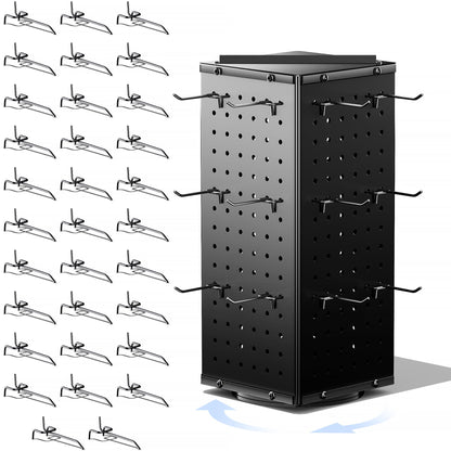 XVCGYK Rotating Peg Board Display Stand with 32 Hooks, Metal Revolving Pegboard Countertop Show Rack for Retail Vendors, 4-Sided Craft Rack Organizer for Keychain, Jewelry, Earring (Black)