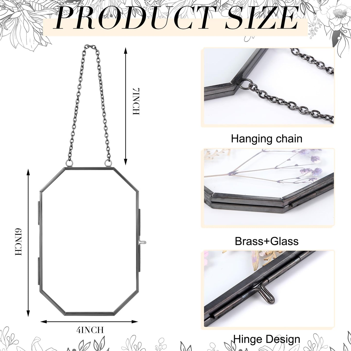 Qunclay 2Pcs Pressed Flower Frames Floating Wall Hanging Double Glass Frames with Metal Chain for Display Dried Plant Specimen Picture Pretty Gifts for Mom Friends DIY Handy Craft(Black,4 x 6 Inch)