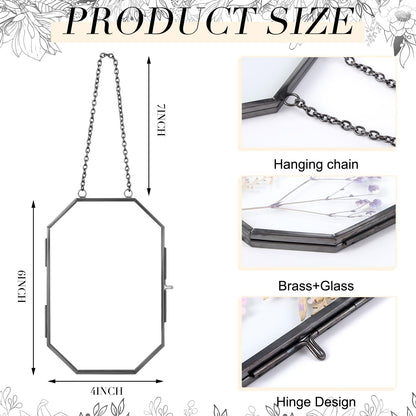 Qunclay 2Pcs Pressed Flower Frames Floating Wall Hanging Double Glass Frames with Metal Chain for Display Dried Plant Specimen Picture Pretty Gifts for Mom Friends DIY Handy Craft(Black,4 x 6 Inch)