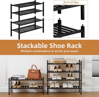 4 Closet, Bathroom27 x11 x26(Black, 4 Tier Bamboo Shoe Rack Storage Organizer for Multifunctional Stackable Free