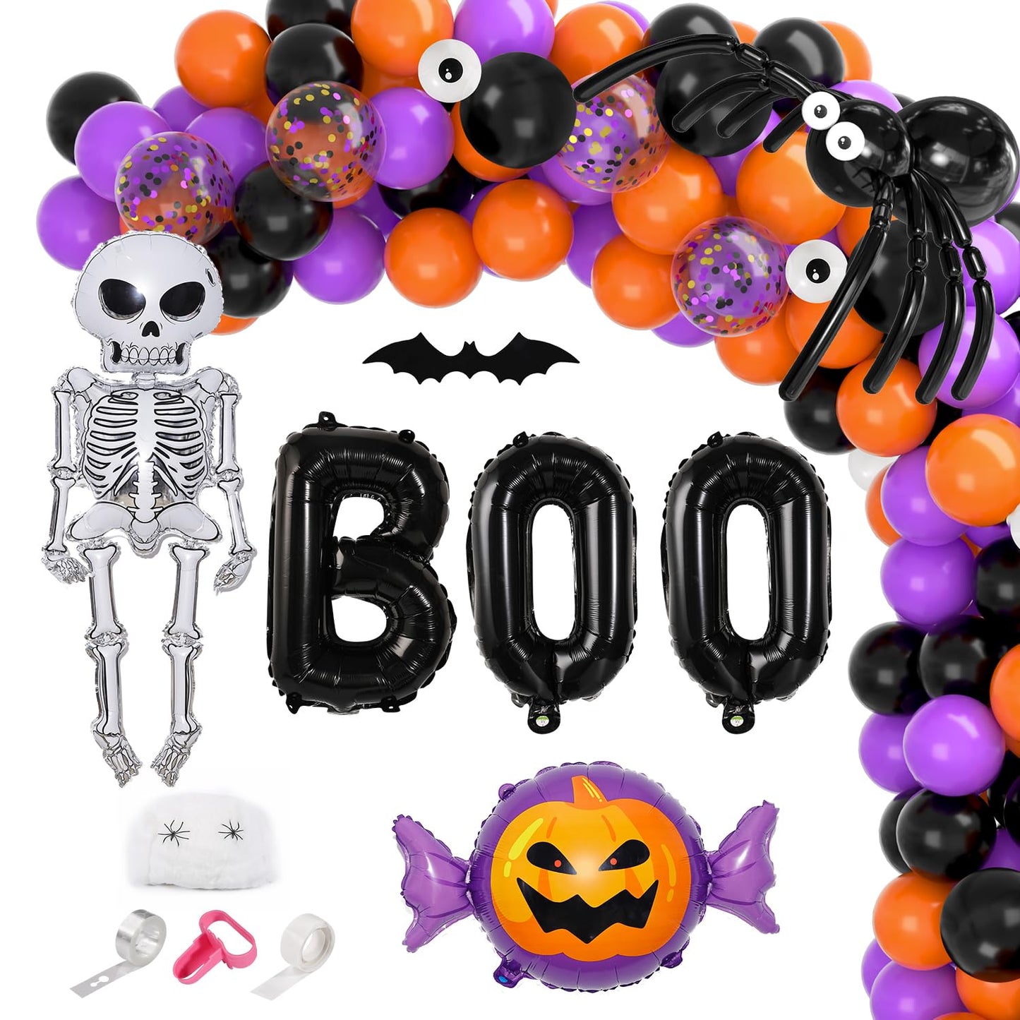 Garma Halloween Balloons Garland Arch Kit, 129pcs Black Orange Purple Balloon Decorations with Confetti Balloon Pumpkin Skeleton BOO Foil Balloons for Halloween Decorations Outdoor Party Supplies