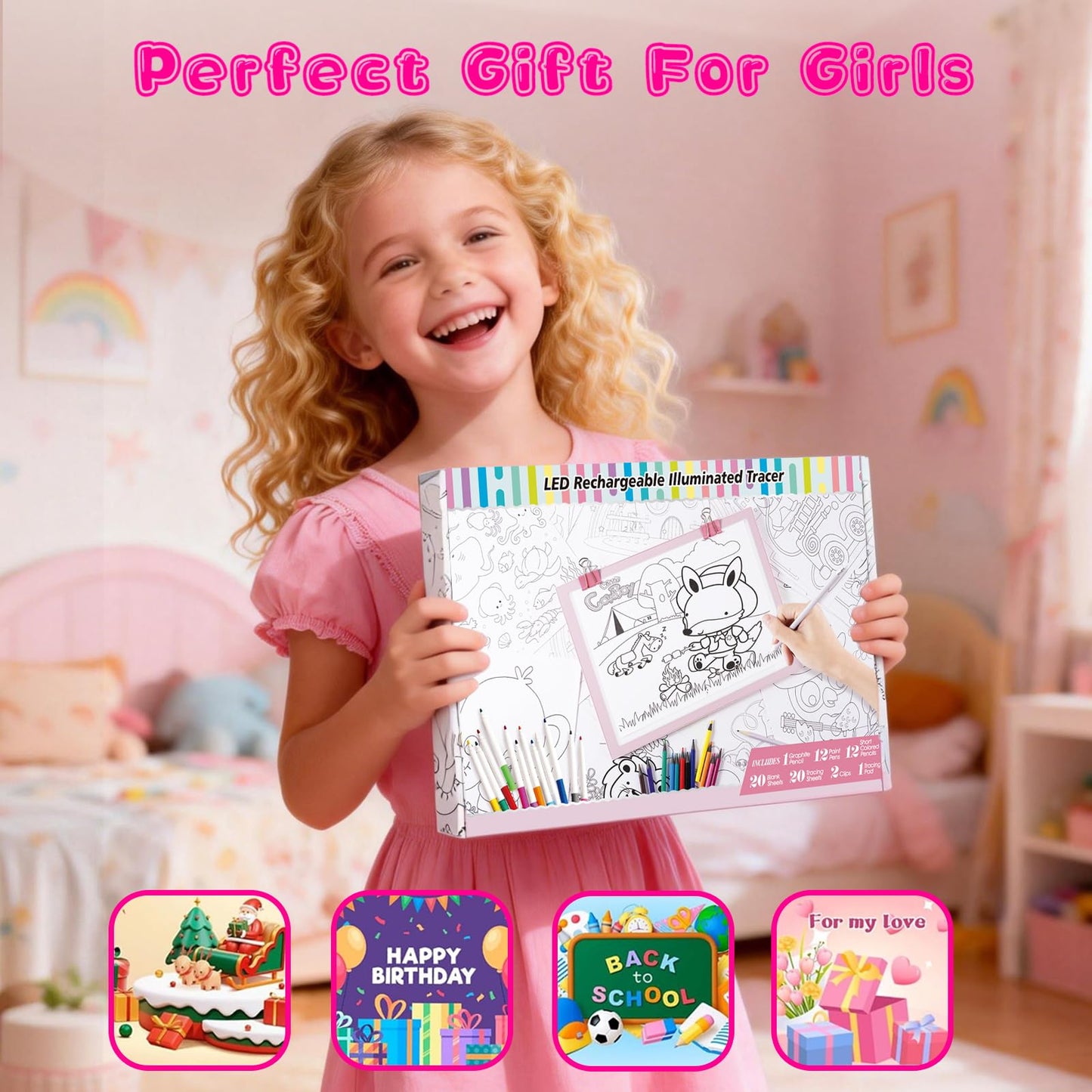 LED Drawing Tablet Kits Pink - 15" Light Board for Diamond Painting Accessories, Best Birthday, Holiday Gifts Toy for Kids Girls 3,4,5,6,7,8,9,10,11,12 Year Old, Back to School Art Travel Essentials