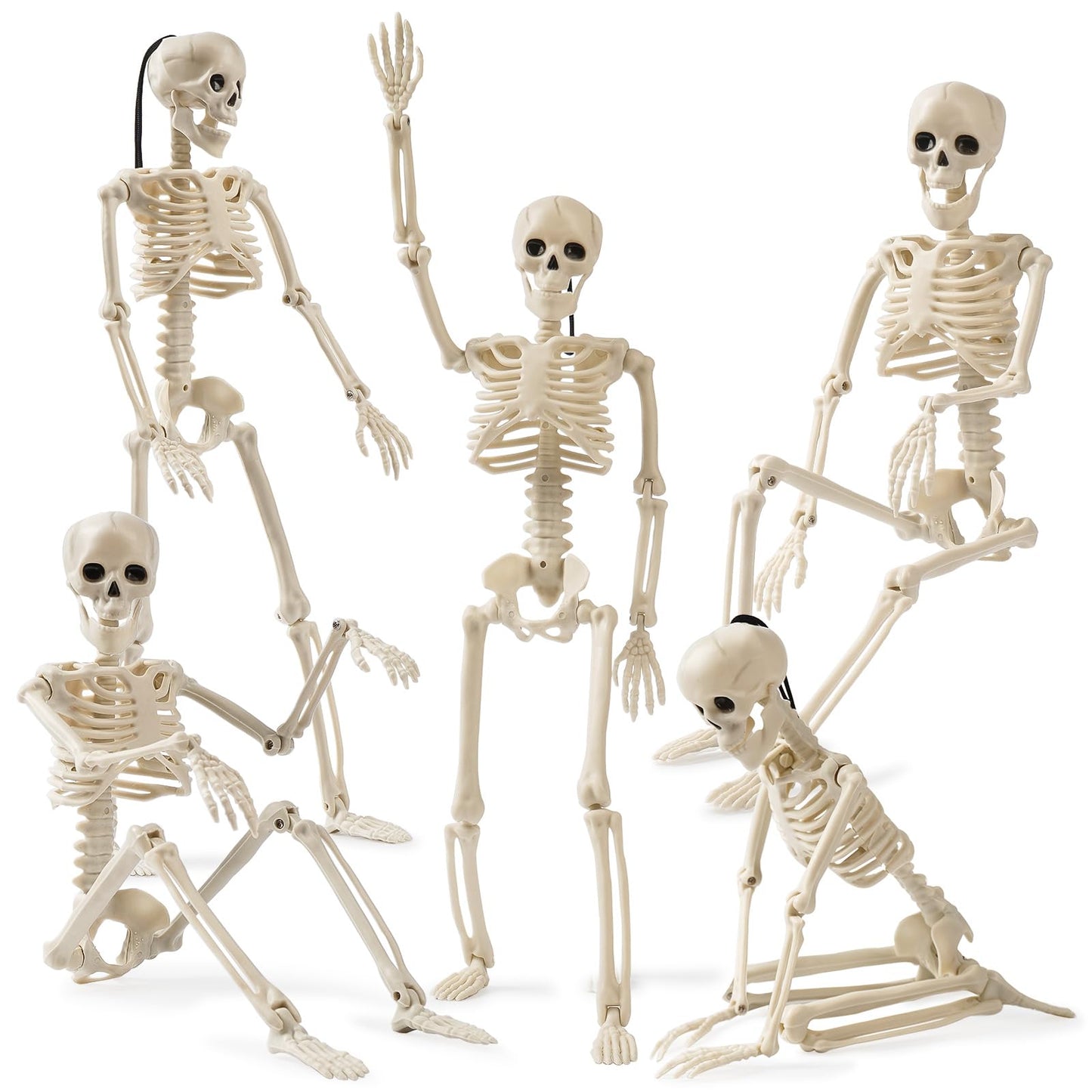 Jeowoqao Skeleton Halloween Decorations, 5Pcs 16inch Full Body Posable Joints Small Skeleton Hanging Skeleton Decor for Halloween Indoor Outdoor Graveyard Haunted House