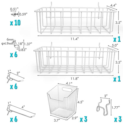Pegboard Hooks Organizers - Peg Board Baskets Clear Cups Multiple Hangers 33 Pack - Display Shelving Tool Organizer Set for Craft Room Office Stadio Workroom Garage Storage Organization (White)