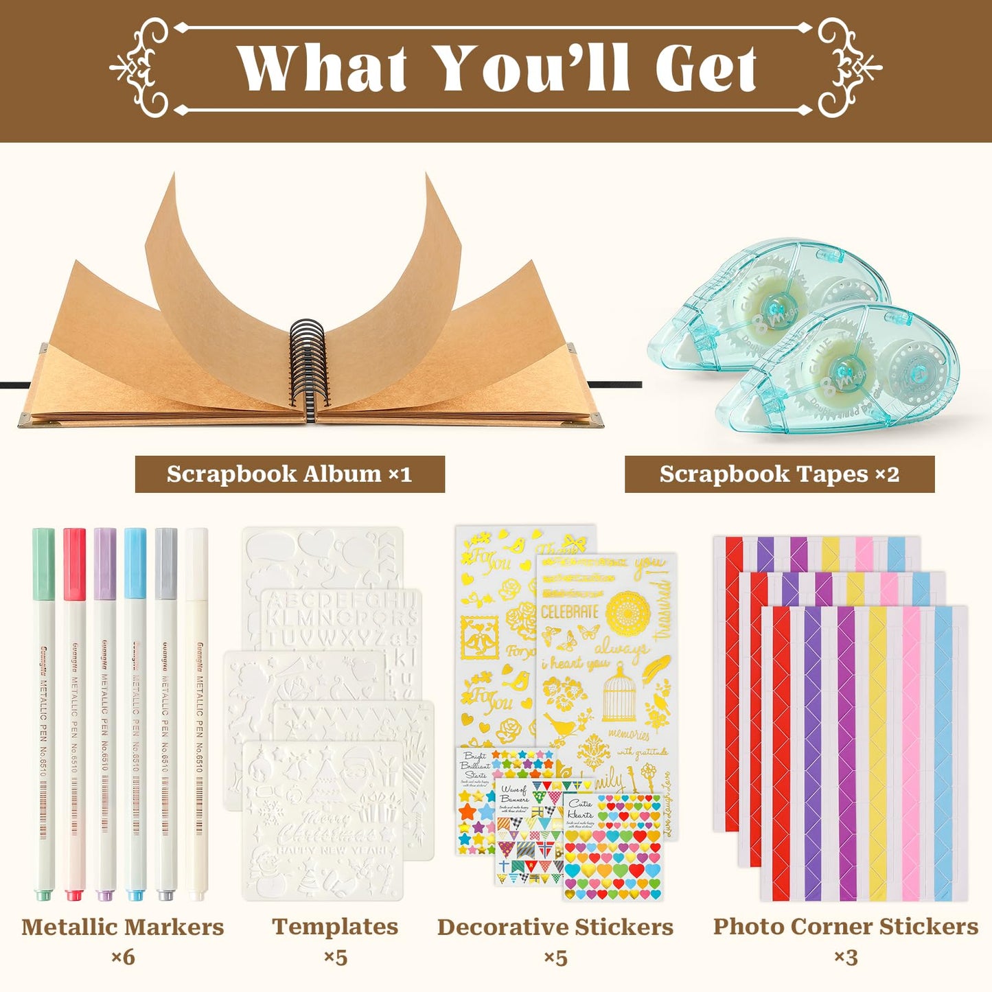 8 x 8 Inch Scrapbook Album 60 Pages with Scrapbooking DIY Kits. Window Photo Album with Scrapbook Tapes Stickers and Metallic Markers. Craft Memory Book for Wedding Baby Birthday Family Anniversary
