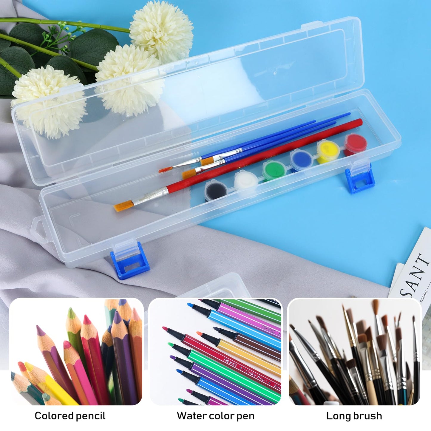 FIREBOOMOON 3 Pack Translucent Plastic Paint Brush Holder, Long Paint Brushes Watercolor Pens Pencils Drawing Tools Storage Box Container Case(13" x 2.8" x 1.4")