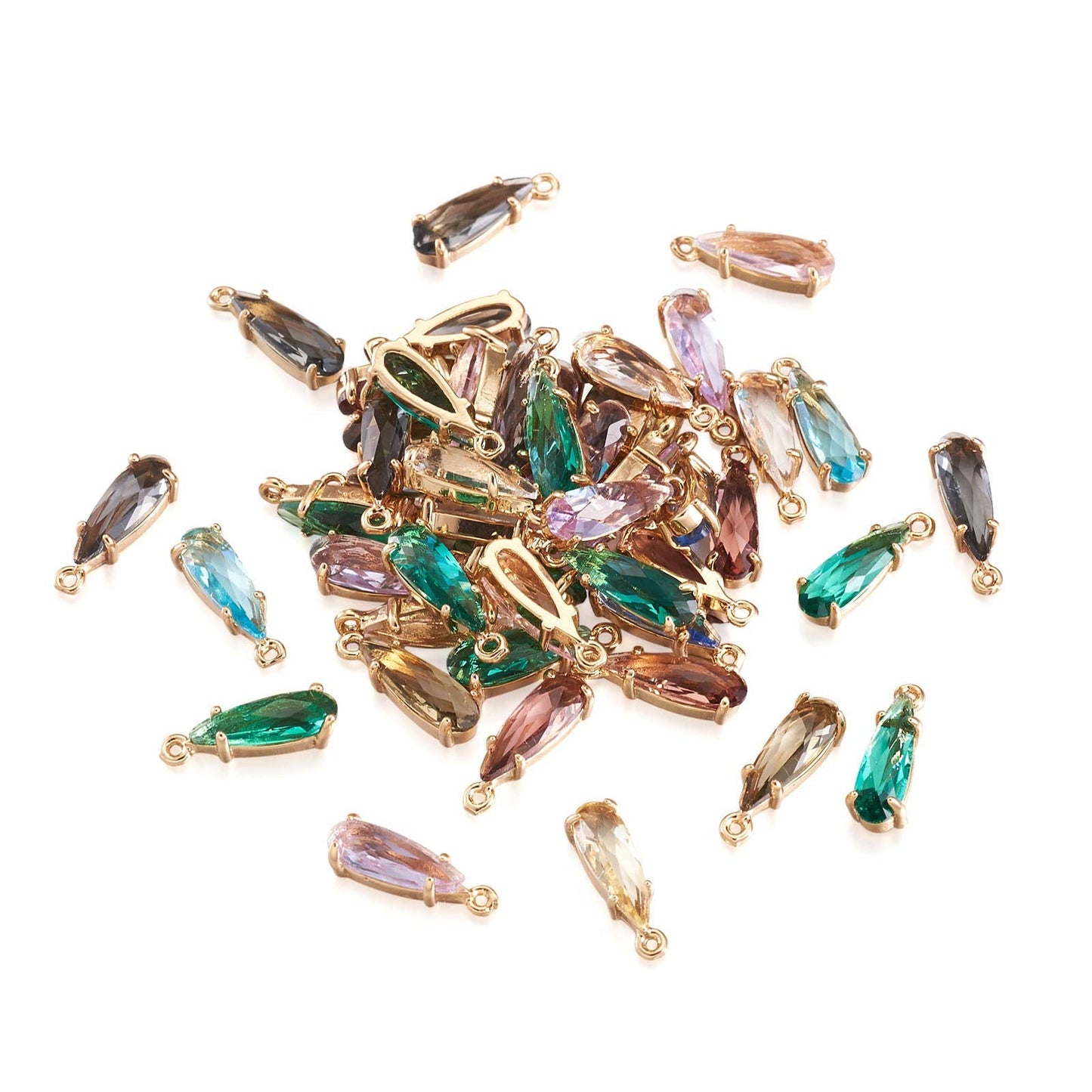 FASHEWELRY 50Pcs Teardrop Faceted Glass Pendants Mixed Colors Crystal Glass Dangle Oval Drop Bead Charms with Golden Open Back Settings for Jewelry Craft Making