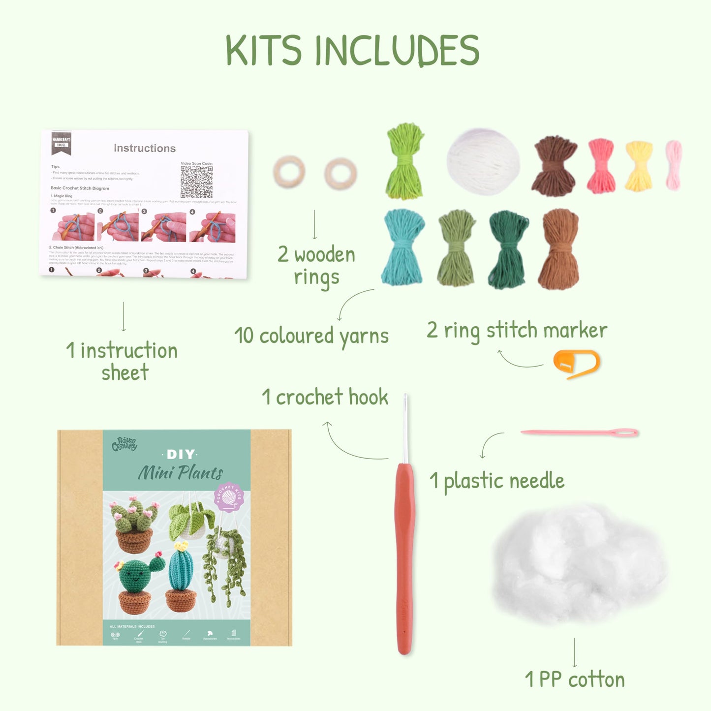HOUSE CREATIVITY Crochet Kit for Beginners, Make 5 Hanging Potted Crochet Plants, Amigurumi Kit with Video Tutorial, Yarn, Hook & Pots, Cozy Stress Relief Gift for Adults, Cute Desk & Office Decor