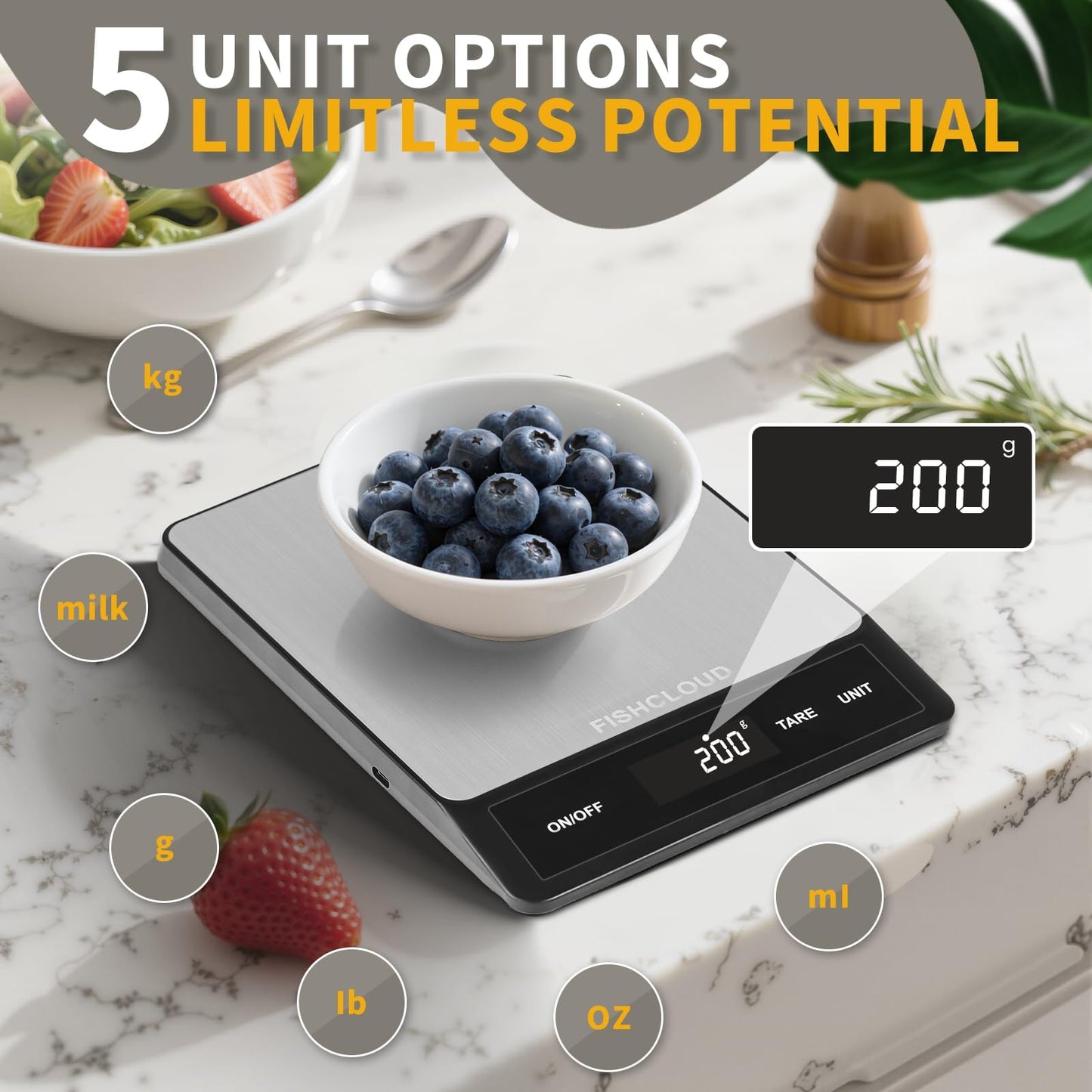 FISHCLOUD Food Scale - Rechargeable Digital Kitchen Scale 33lb, 1g/0.05oz Precision, Type-C, Stainless Steel, Grams/Ounces, LCD Display, for Cooking/Baking/Meal Prep (Ash Silver)