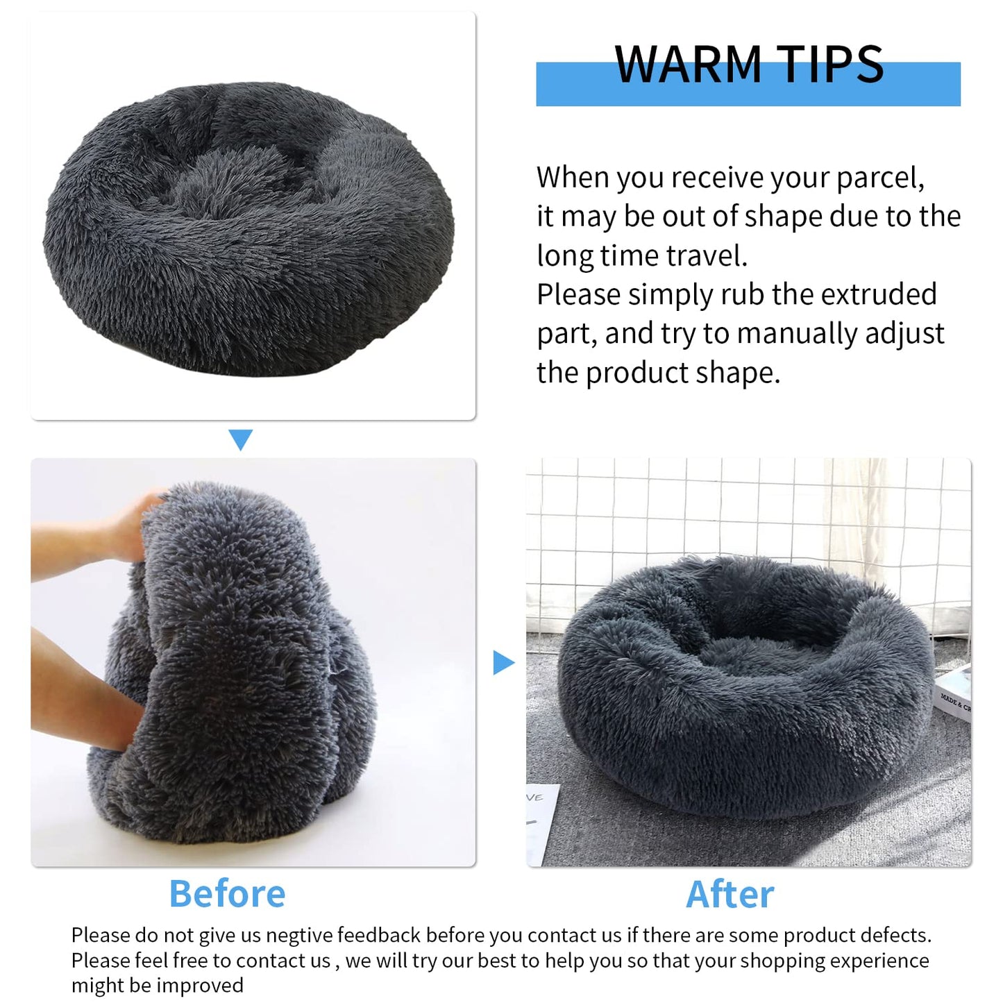 UUEMB 50cm Calming Dog Cat Bed, Plush Donut Pets Beds for Small Dogs Cats, Soft Puppy Kitten Cuddler Round Bed Cushion, Washable Warm Dog Beds for Improved Sleeping (Dark Grey)