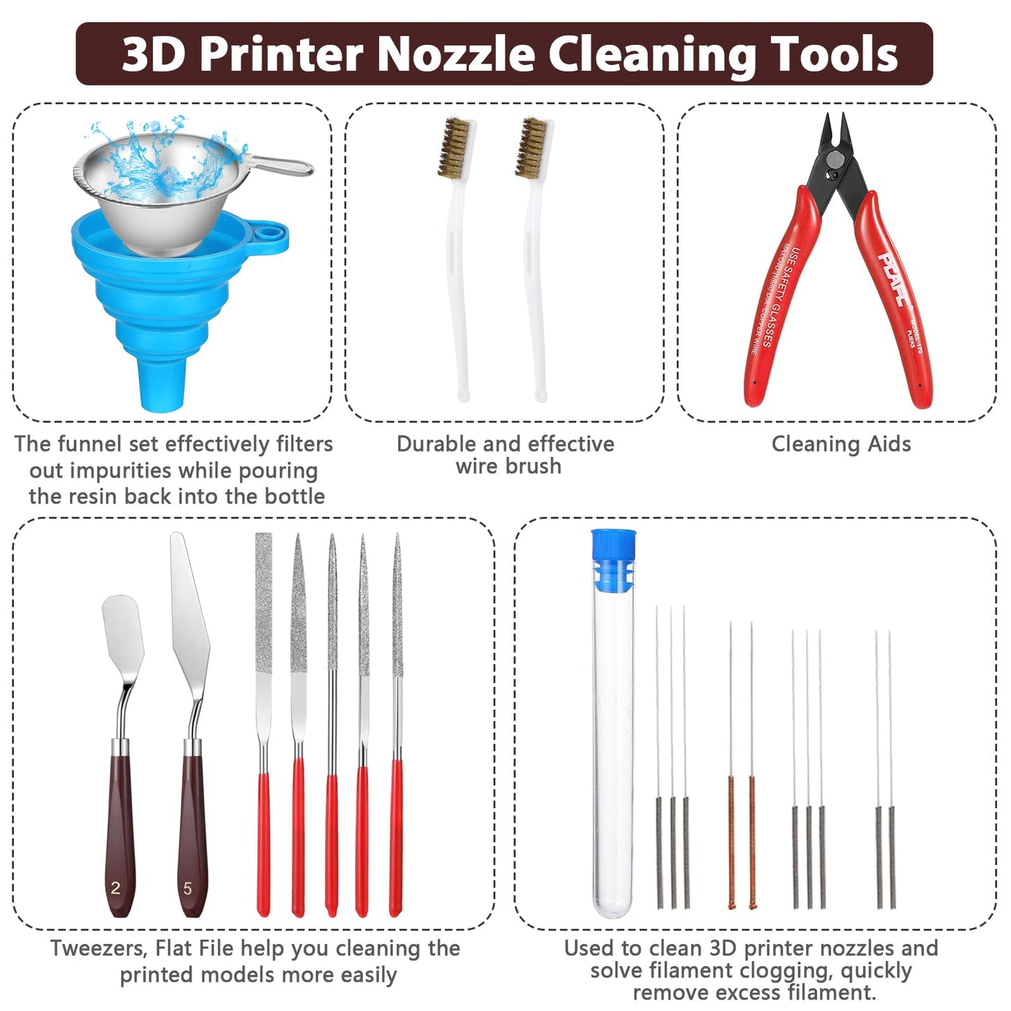 25 Pcs 3D Printer Tools Kit Nozzle Cleaning Kit Include Remove Putty Knife 2 Scrapers, 2 Brushes, Shovel, 5 Diamond Files, 2 Tweezers, 10 Needles, Pliers, Funnel for 3D Printing Model Building