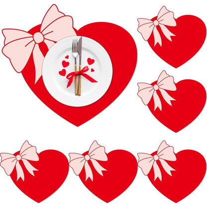Valentine's Day Placemats Set of 6 Valentines Bow Heart Plastic Table Mats Sweet Red Heart Shaped Place Mats Washable Waterproof Table Decoration for Wedding Anniversary Holiday Party Kitchen Dining