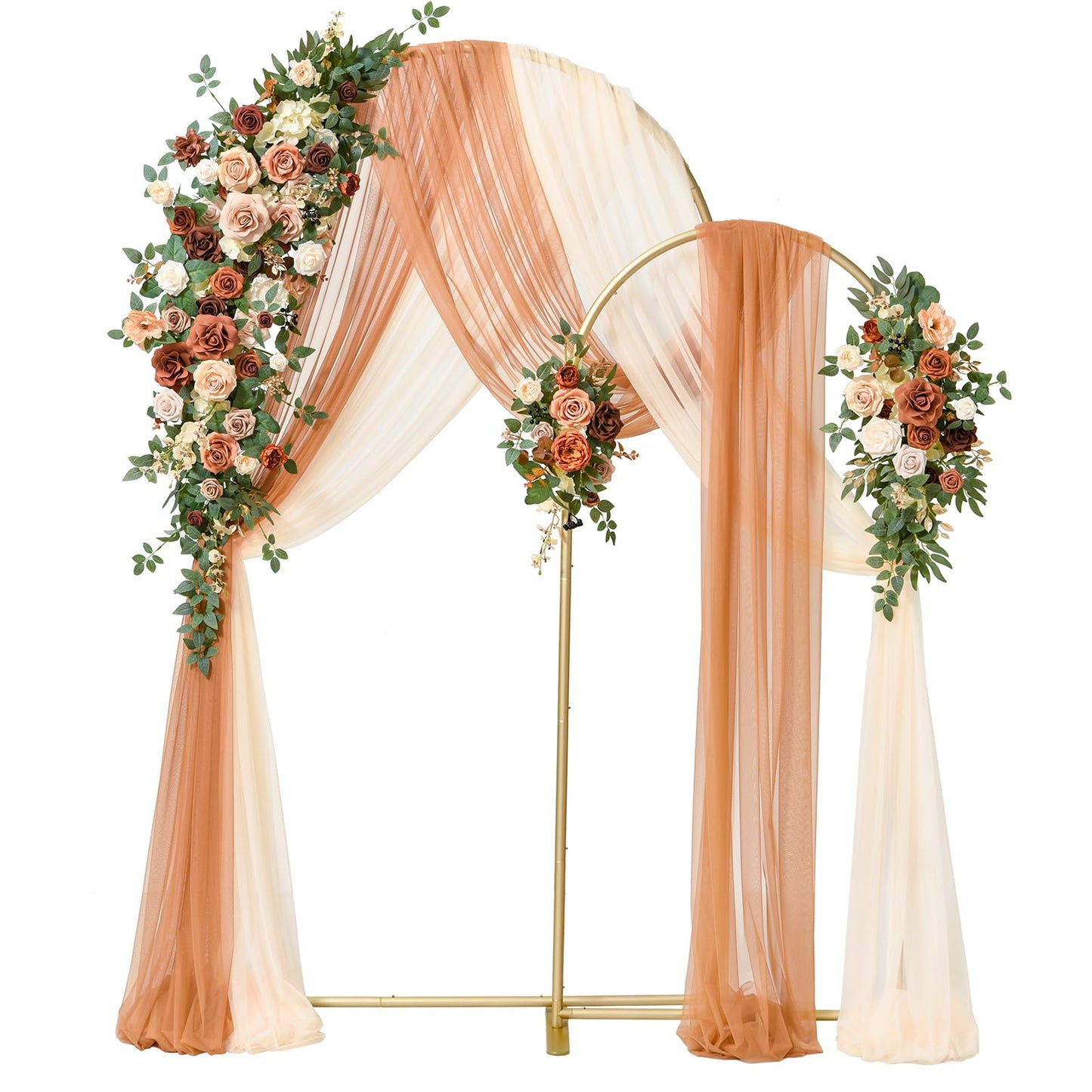 Ling's moment Wedding Arch Backdrop Stand with Flowers - 7.2FT, 6FT Set of 2 Metal Arch Frame with Drape for Ceremony Decor - Artificial Floral Birthday Party, Bridal Shower, Terracotta Orange