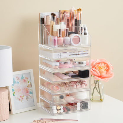 STORi Stackable Desk Drawer Organizer, Clear Pen Pencil Makeup Brush Holder for Desktops and Vanities, 4 Wide Drawers (Made in USA)