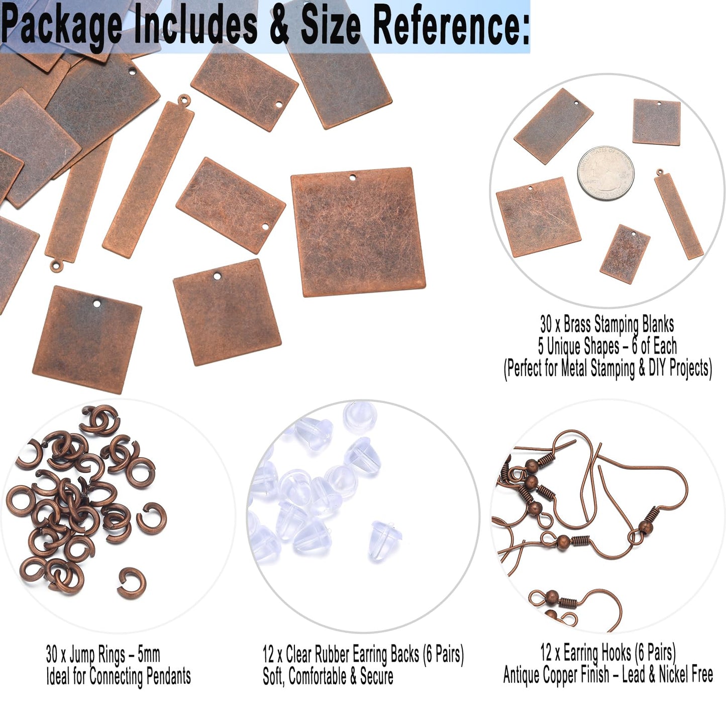 ROSENORTH Jewelry Stamping Kit – 30 Antique Copper Brass Blanks in 5 Shapes with Earring Hooks, Backs & Jump Rings for DIY Earrings & Necklaces (84 PCS)