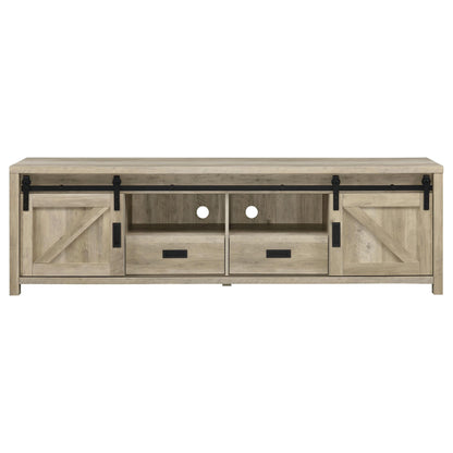 Coaster Home Furnishings - Madra - Engineered Wood - 79-Inch 2-Door TV Stand with Sliding Barn Doors, Open Shelves - Living Room - Distressed Pine - 736263