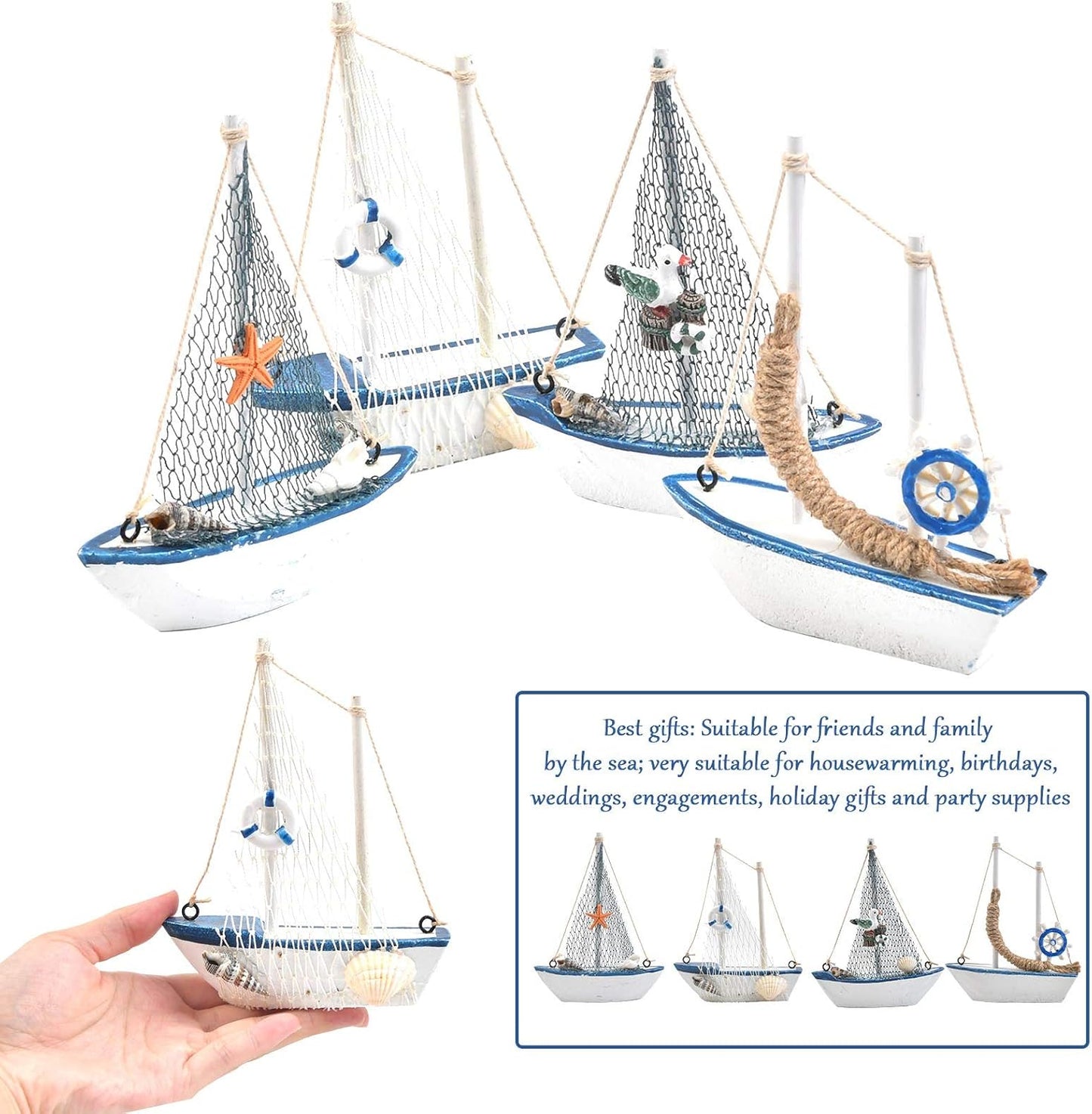 BUYGO Sailboat 4-Piece Set O Mini Model Decoration - Wooden Miniature Sailing Boat Home Decor