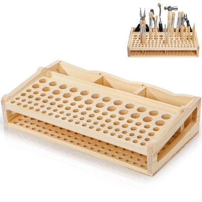 Acshio Leather Craft Tool Holder, 98 Holes Wooden Desktop Leather Working Tools Organizer with 3 Slots, Professional Large Making Punch Tools Rack Stand Storage Box for Brushes, Craft Tools