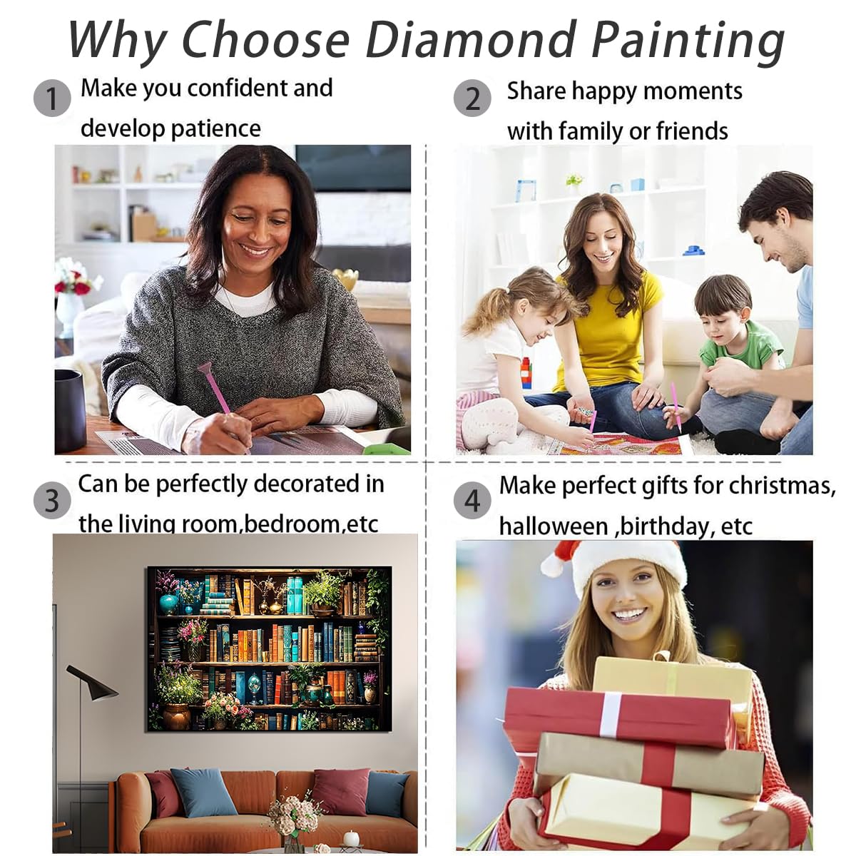 Ohhvvow 5D Bookshelf & Blooms Large Diamond Art Kit for Adults, 27.5x15.7 Inch Cozy Library Diamond Painting with Books & Flowers, DIY Full Drill Gem Craft Kits, Gift for Book Lovers & Beginners