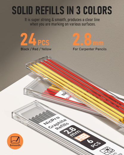 Nicpro Carpenter Pencil with Sharpener, Mechanical Pencils Set with 26 Refills, Deep Hole Marker for Construction, Heavy Duty Woodworking Tools for Architect (Black, Red) - With Case