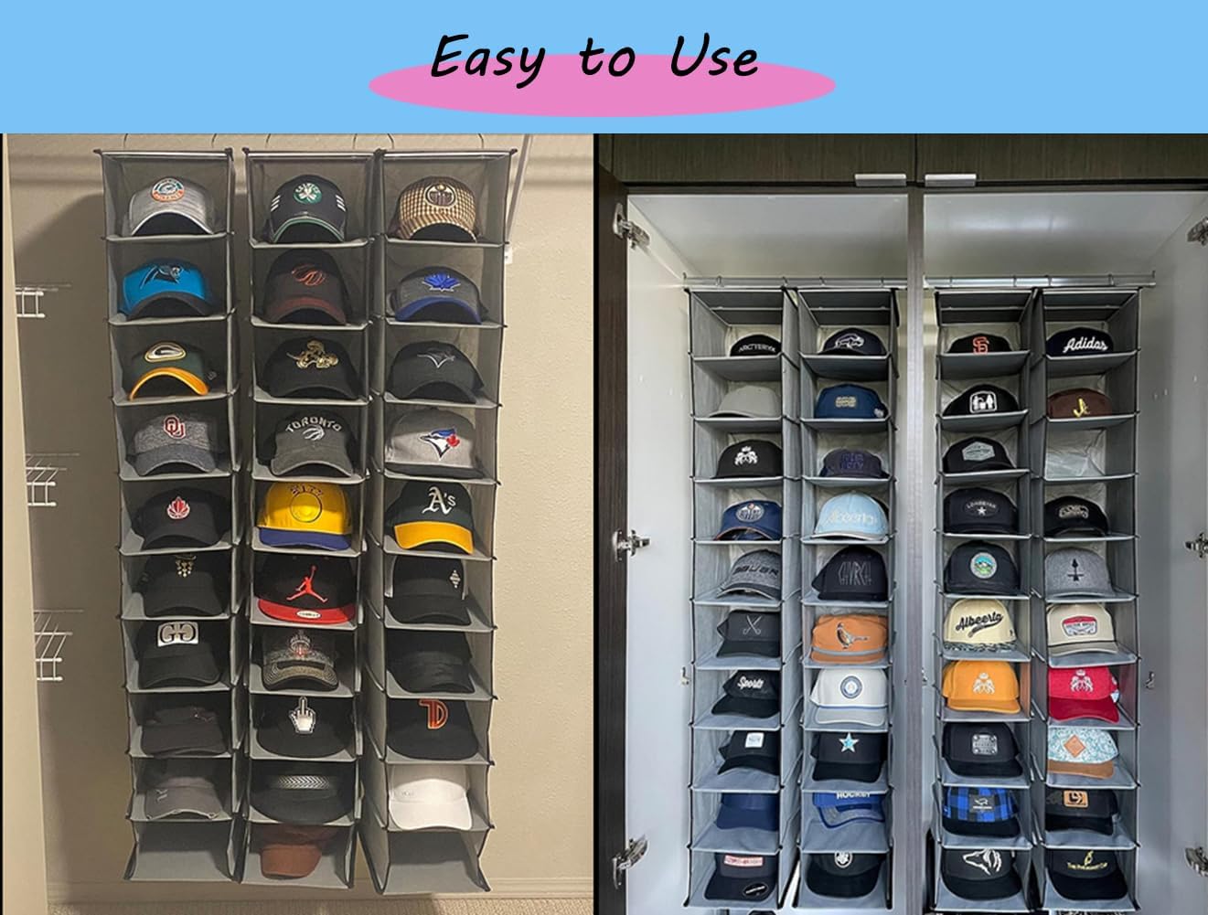 GRANDAN Hat Rack with Upgrade Metal Hooks, 10 Shelf Hanging Closet Organizer for Baseball Caps, Gray