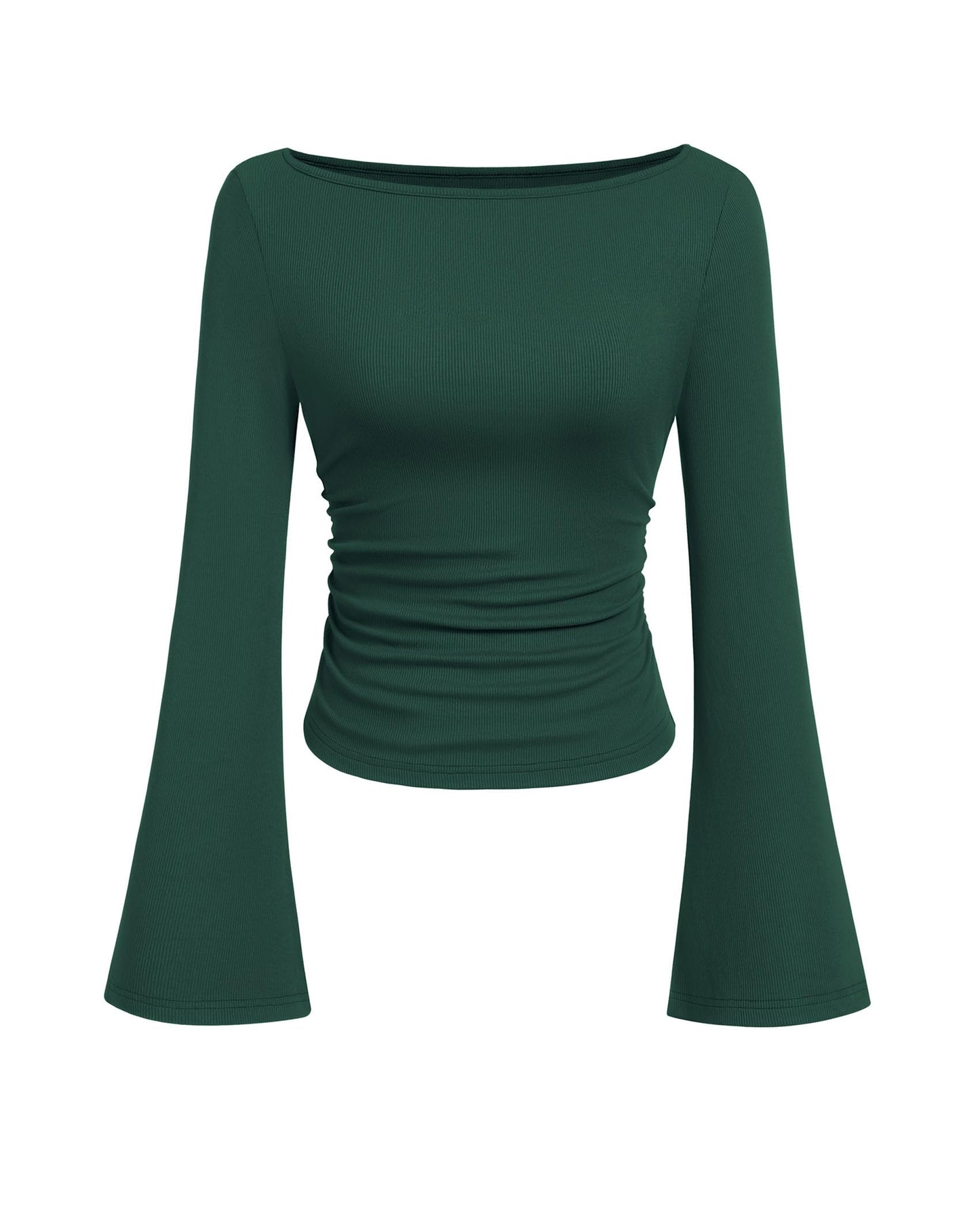 PRETTYGARDEN Women's Long Sleeve Shirts 2025 Fall Crop Going Out Tops Casual Boat Neck Bell Sleeve Ribbed Ruched Y2K Clothes
