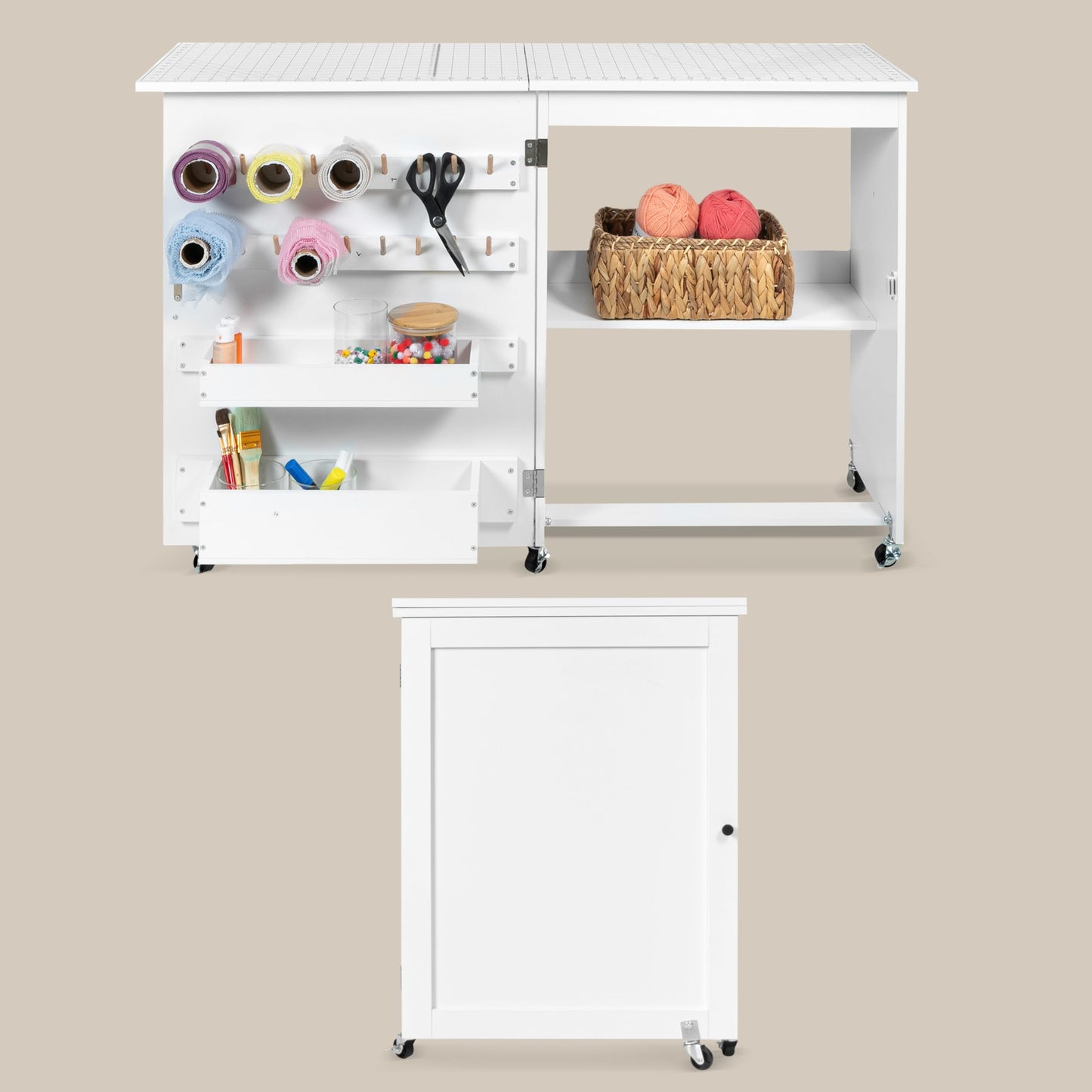 Crutello Sewing Table and Folding Craft Table with Storage for Adults - 46 inch Fold Out Grid Top Crafting Desk for Fabric Cutting, Quilting & Hobby