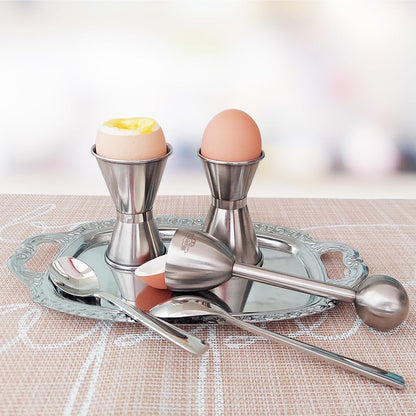18/8 Set 2 NobleEgg Egg Cups for Soft Boiled Eggs, All Sizes, Topper, Spoons, Stainless Steel
