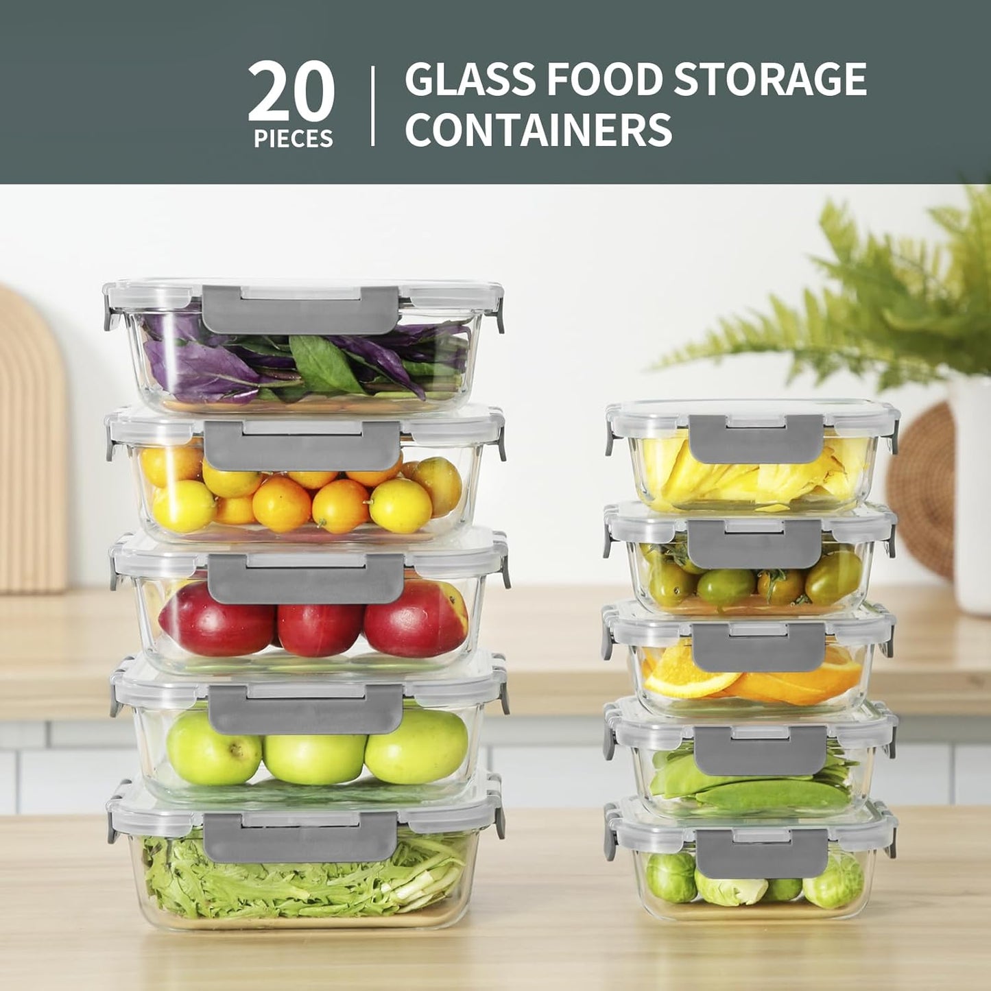 Glass Food Storage Containers with Lids, 20 Pieces Airtight Glass Meal Prep Container Set, Leakproof BPA Free Lunch