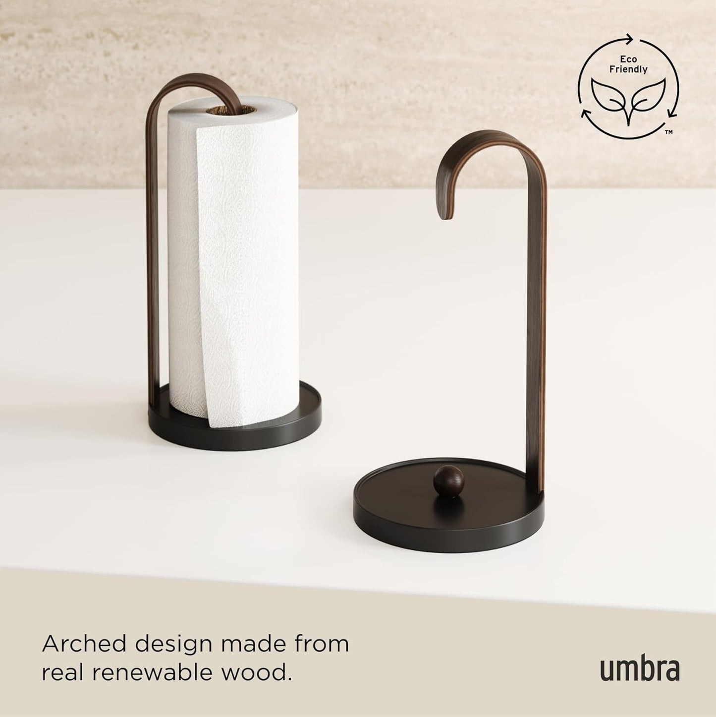 Countertop, Umbra Bellwood Paper Towel Holder for Kitchen with Real Wood Stand and Weighted Metal Base, Black/Walnut