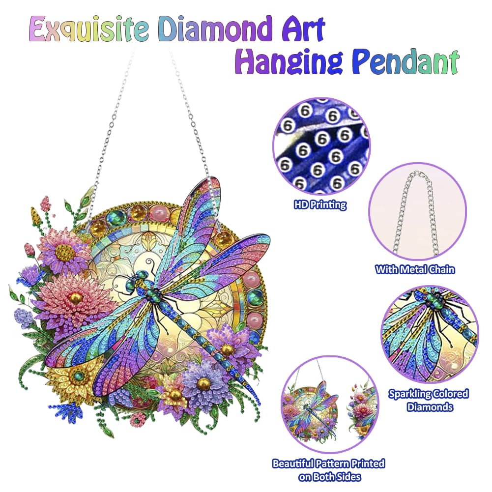 Koikify Diamond Painting Hanging Pendant Kit for Adults, Flower & Dragonfly Diamond Art Window Hanging Ornament with Double-Sided Pattern, Indoor Home Decoration and Gift