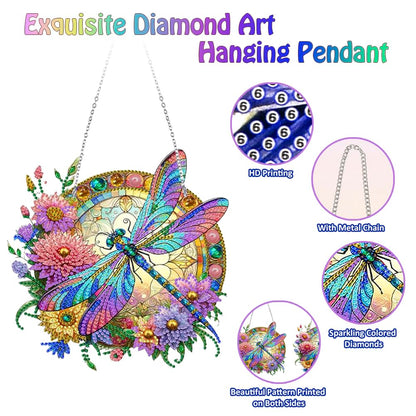 Koikify Diamond Painting Hanging Pendant Kit for Adults, Flower & Dragonfly Diamond Art Window Hanging Ornament with Double-Sided Pattern, Indoor Home Decoration and Gift