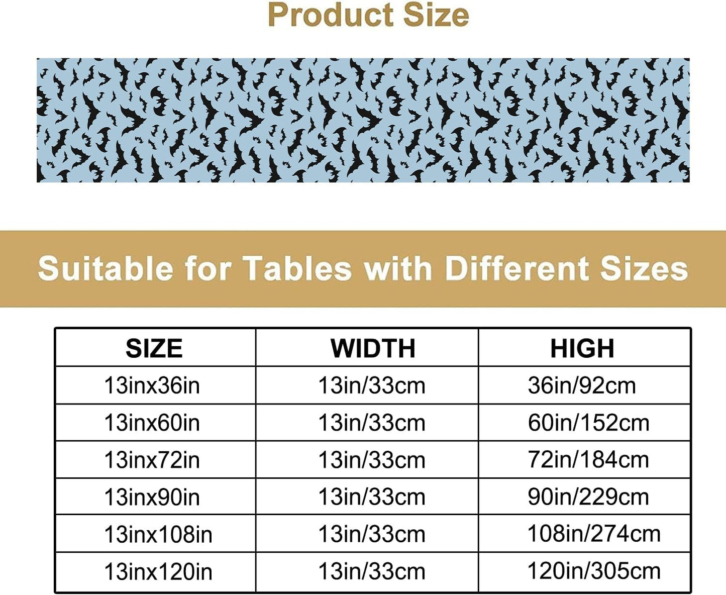 Nitmbi 13x36inch Halloween Table Runner,Silhouette Black Bats Pattern Retro Table Runner for Coffee Table Dining Room
