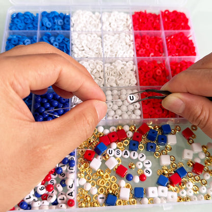 USA Clay Beads Bracelets Jewelry Making Kit, Veternas Day, Memorial Day, 4th of July, Independence Day, Party Supplies Faovrs, USA Flag Art and Craft DIY Keychain Making Set, (Red White Blue, 1 Box)