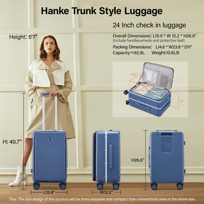 Hanke 24 Inch Checked Luggage with Cup Holder and USB Ports,Top Opening Hard Shell Suitcase with Wheels,Aluminum Frame Trunk Luggage with Foldable Dividers & TSA Lock for Travel, Interstellar Blue