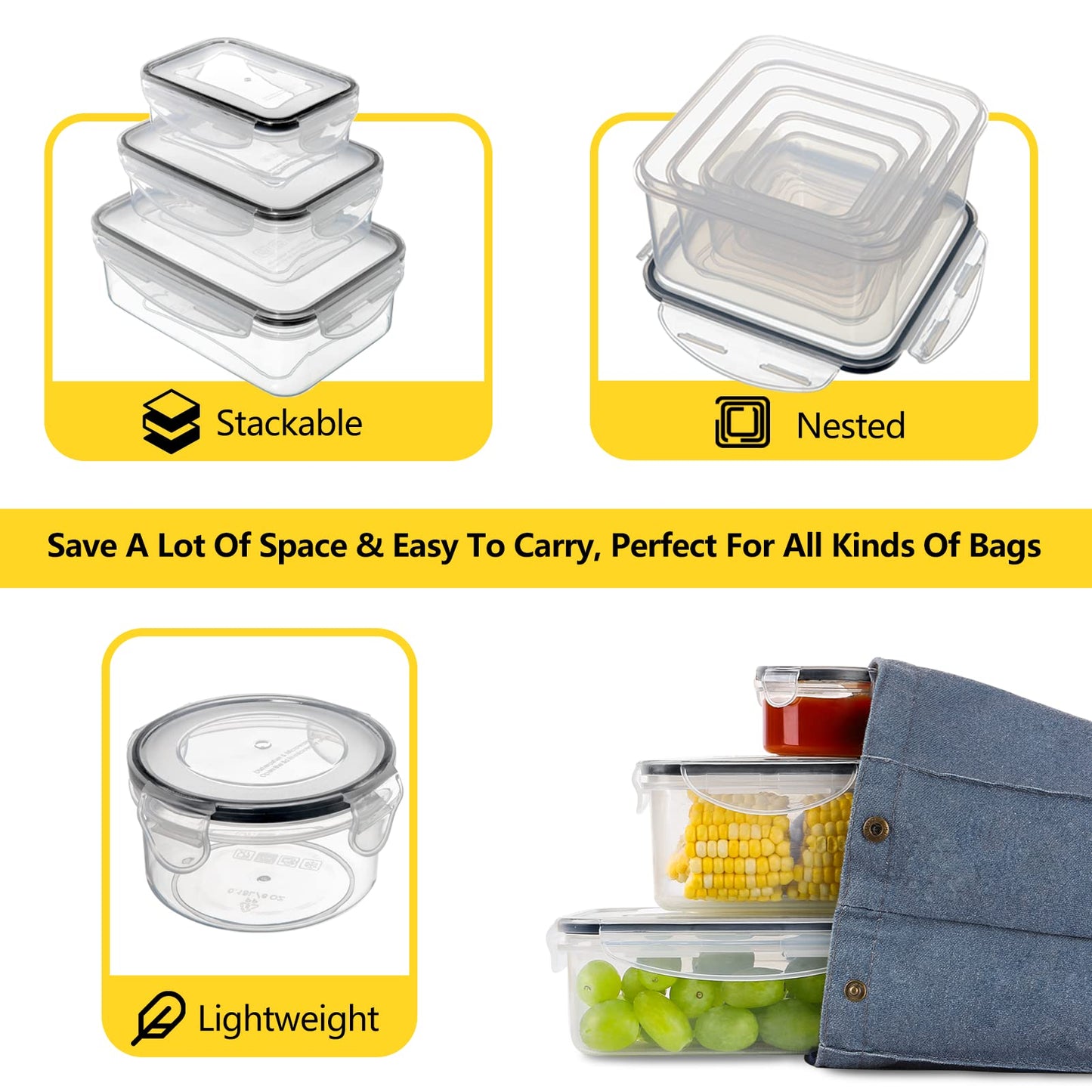 34 PCS Food Storage Containers Set with Airtight Lids (17 Lids &17 Containers) - BPA-Free Plastic Food Container for Kitchen Storage Organization, Fruit Meal-prep Containers with Labels & Marker