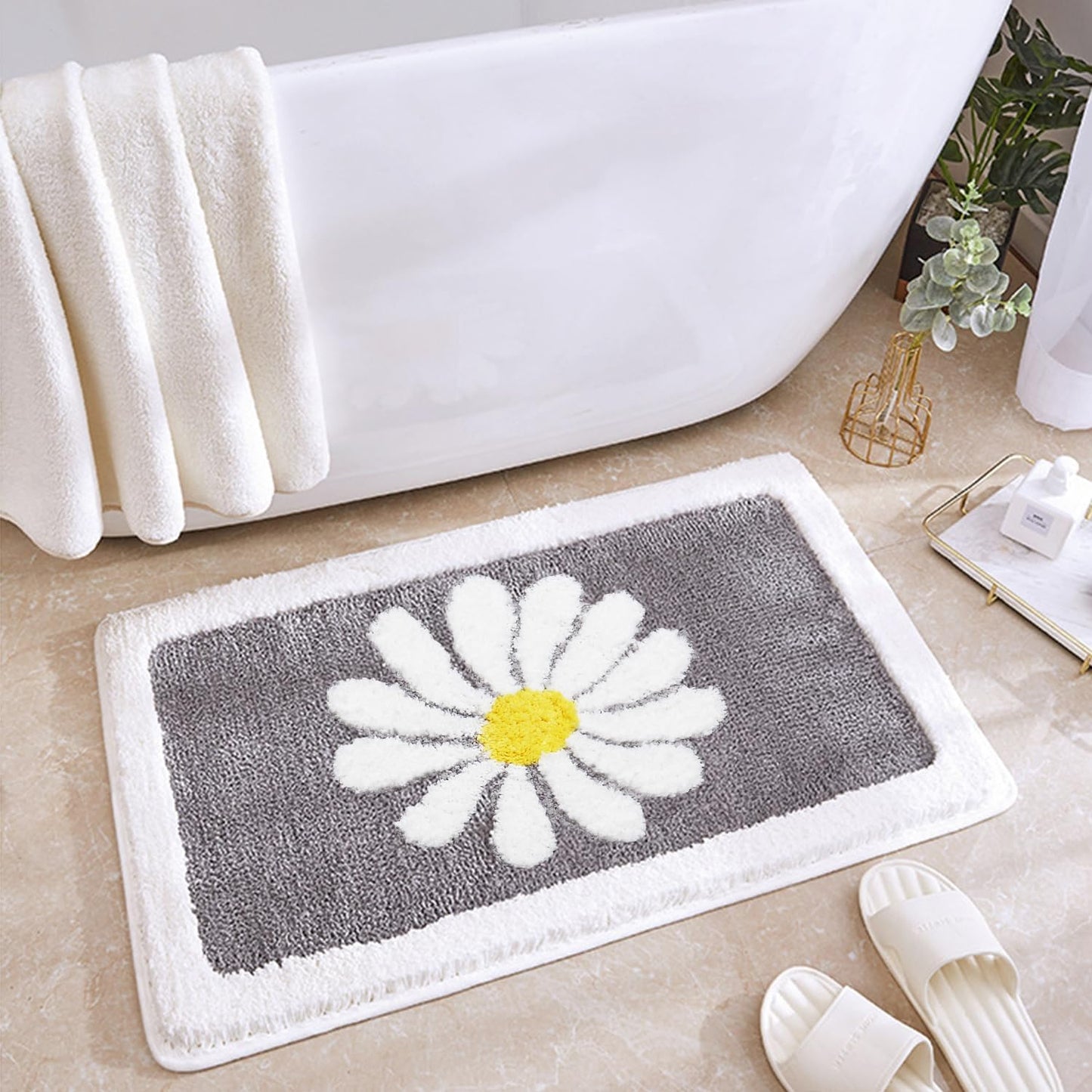 Hi Space Grey Bathroom Rugs Mat, 31.5x19.7IN, Non-Slip, Machine Washable, Cute Flower Bath Rug
