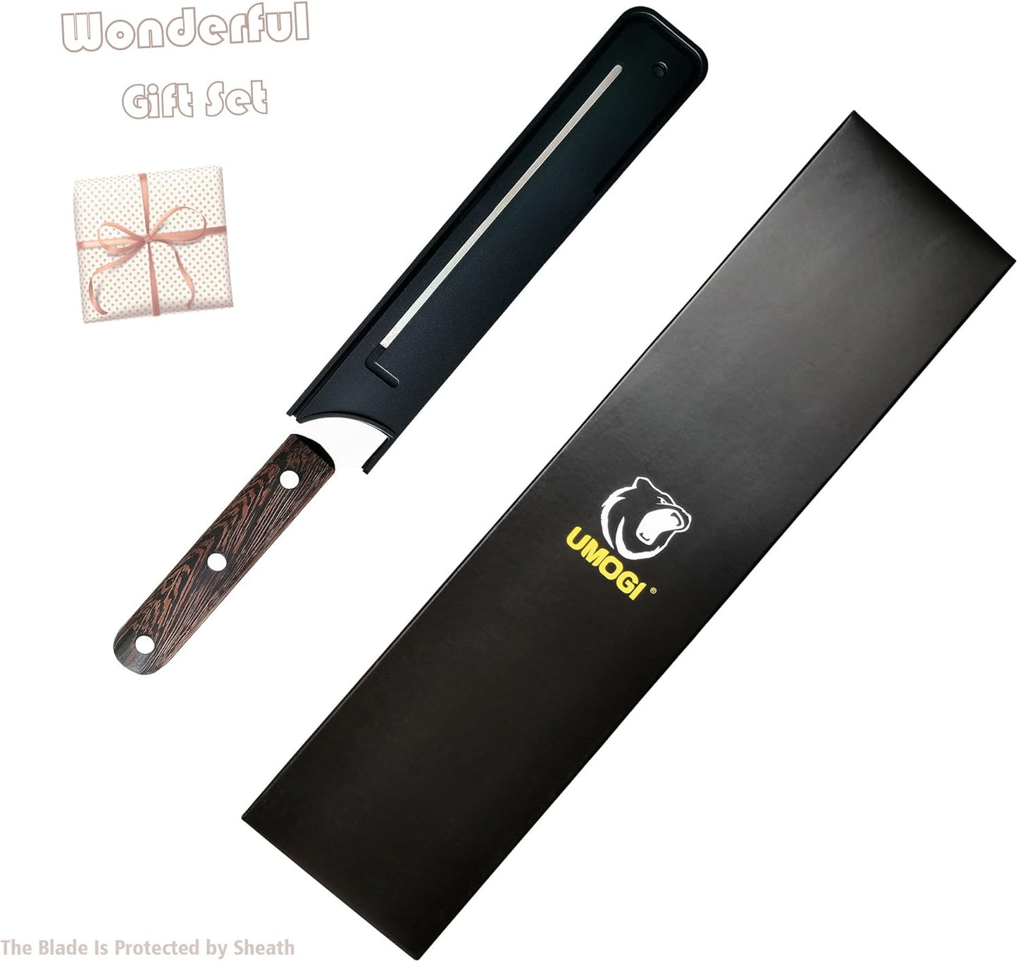 Bread Knife 8 Inch with Sheath, German High Carbon Stainless Steel, Ergonomic Grip Full Tang Wood Handle