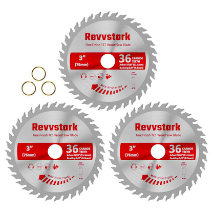 Revvstark 3 Pack 3 Inch 36 Tooth Carbide Circular Saw Blade for Wood, Plastic, PCV, Acrylic, Aluminum with 7/16" Arbor, 3/8" Bushing, Fit Dewalt Craftsman Ryobi Milwaukee